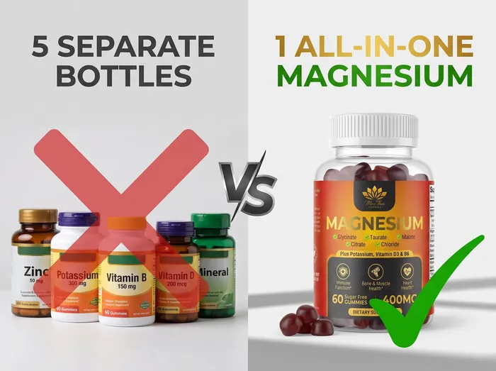 5 separate supplement bottles crossed out versus 1 all-in-one MAGNESIUM bottle