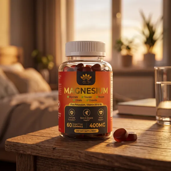 MAGNESIUM sugar-free gummies by More Than Aromas on a bedside table in warm evening light