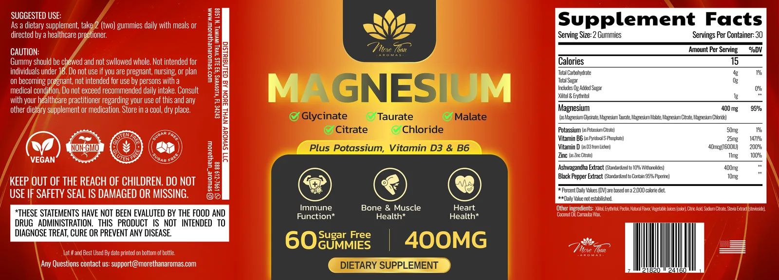 Full MAGNESIUM label: 60 sugar-free gummies, 400 mg magnesium from glycinate, taurate, malate, citrate and chloride, with Supplement Facts panel