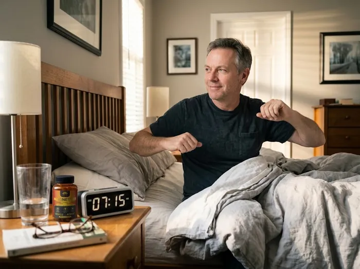 Man stretching in bed at 7:15 a.m., rested and smiling